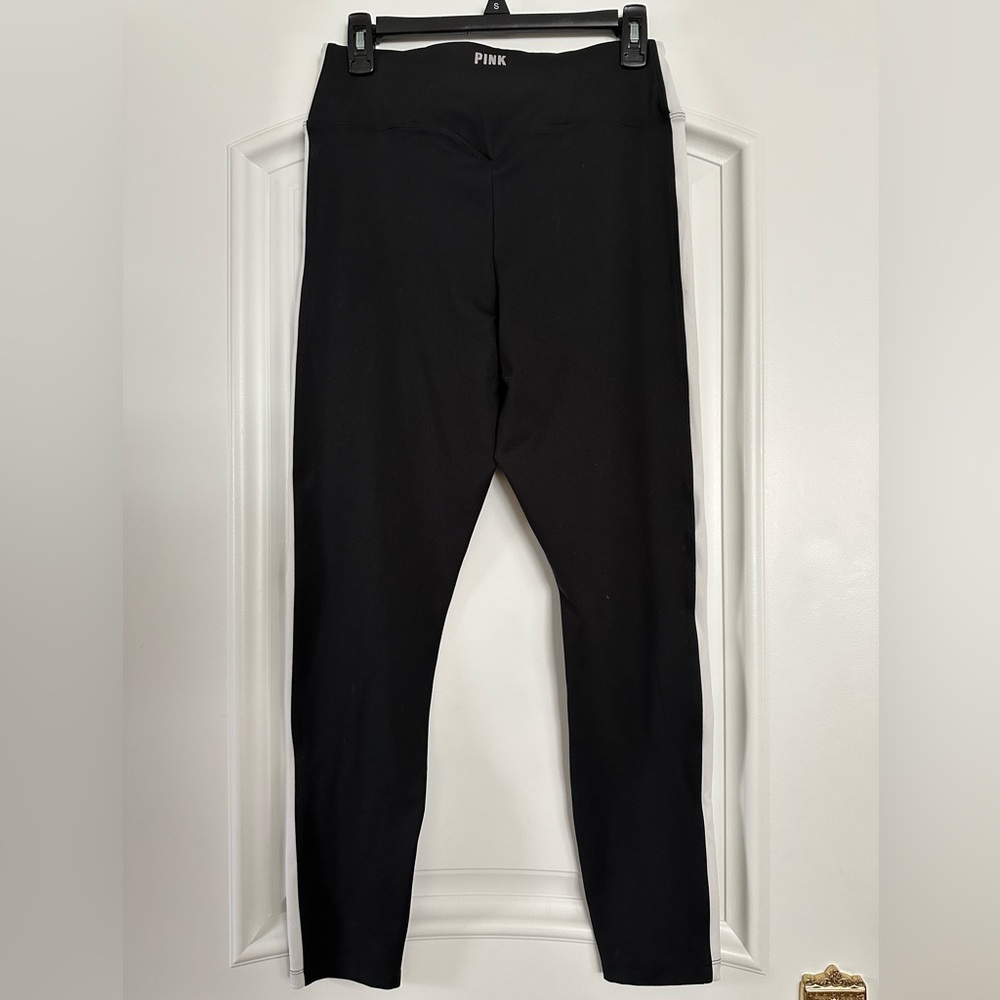 Pink Victoria Secret leggings from Active line with black and white side stripe
